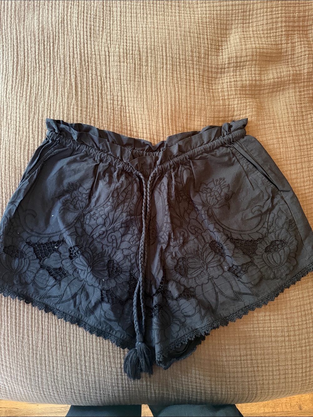 Cleobella Black Floral Embroidered Drawstring Shorts
